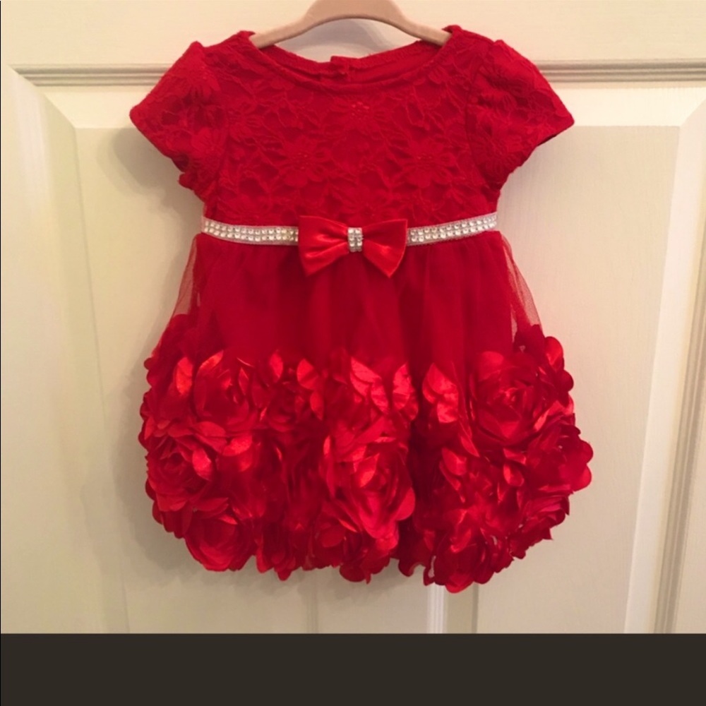 Red lace holiday dress with rhinestones